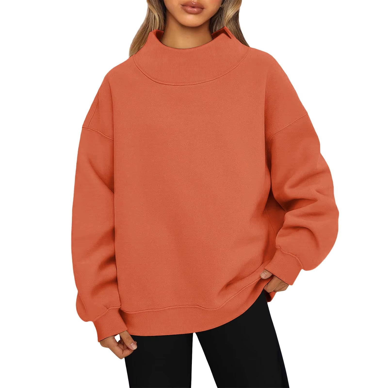 Fashionable Loose High Neck Long Sleeved Solid Color Hoodie for Lady Lazy Style Basic Casual Commuted Pullover Top