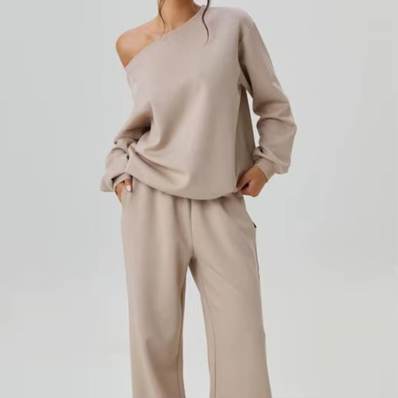 New Fashionable Off-Shoulder Shirt + Wide-Leg Pants Two-Piece Sets Women Spring Casual Loose Top and Trousers Suit for Women