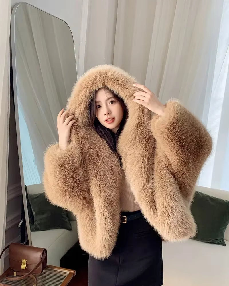 New Environmentally Friendly Fur Imitation Fox Hair Hooded Jacket Women'S Korean Premium Furry Warm Jacket Women