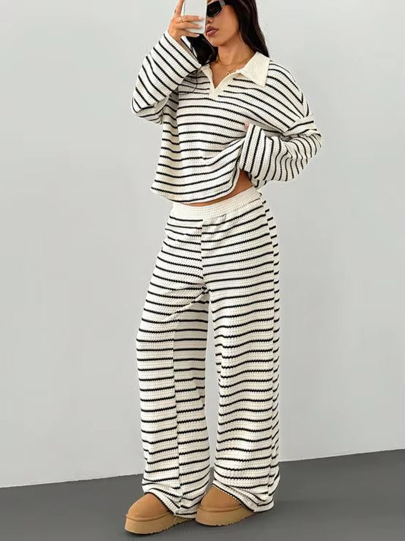 Autumn and Winter Women'S Casual Loungewear Two Pieces Set Striped Pattern with Polo Neck Top and Wide Leg Pants Knit Fabric Set
