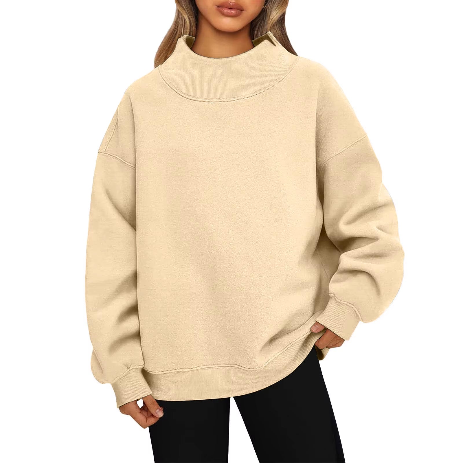 Fashionable Loose High Neck Long Sleeved Solid Color Hoodie for Lady Lazy Style Basic Casual Commuted Pullover Top