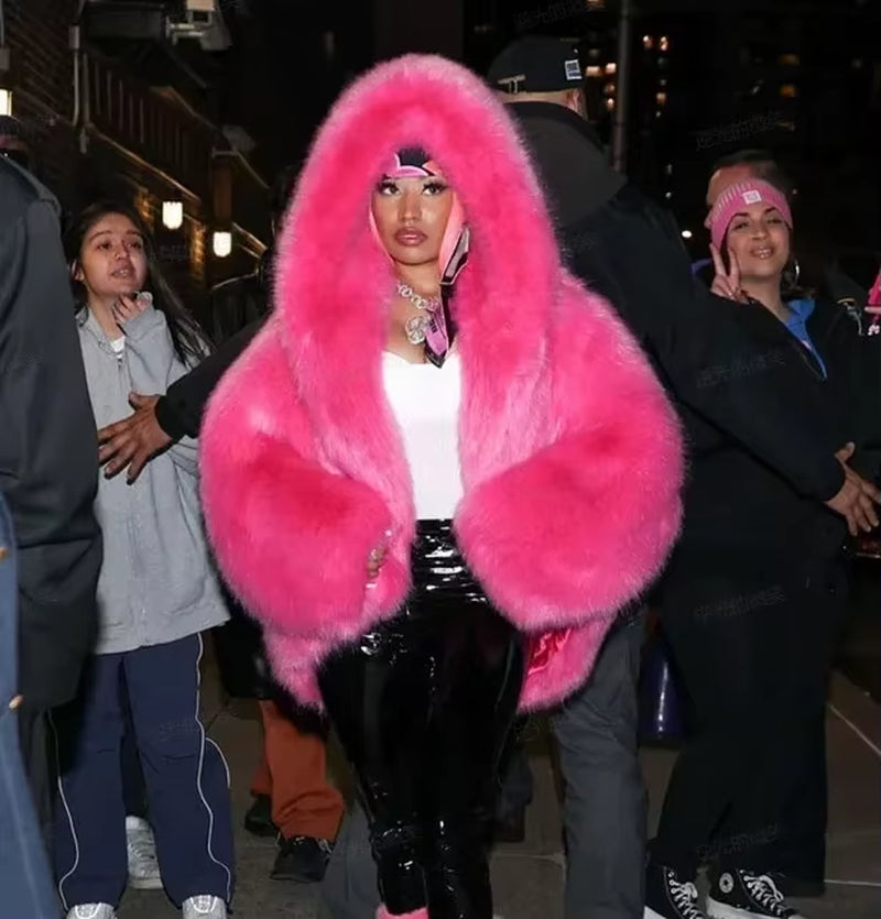 New Environmentally Friendly Fur Imitation Fox Hair Hooded Jacket Women'S Korean Premium Furry Warm Jacket Women