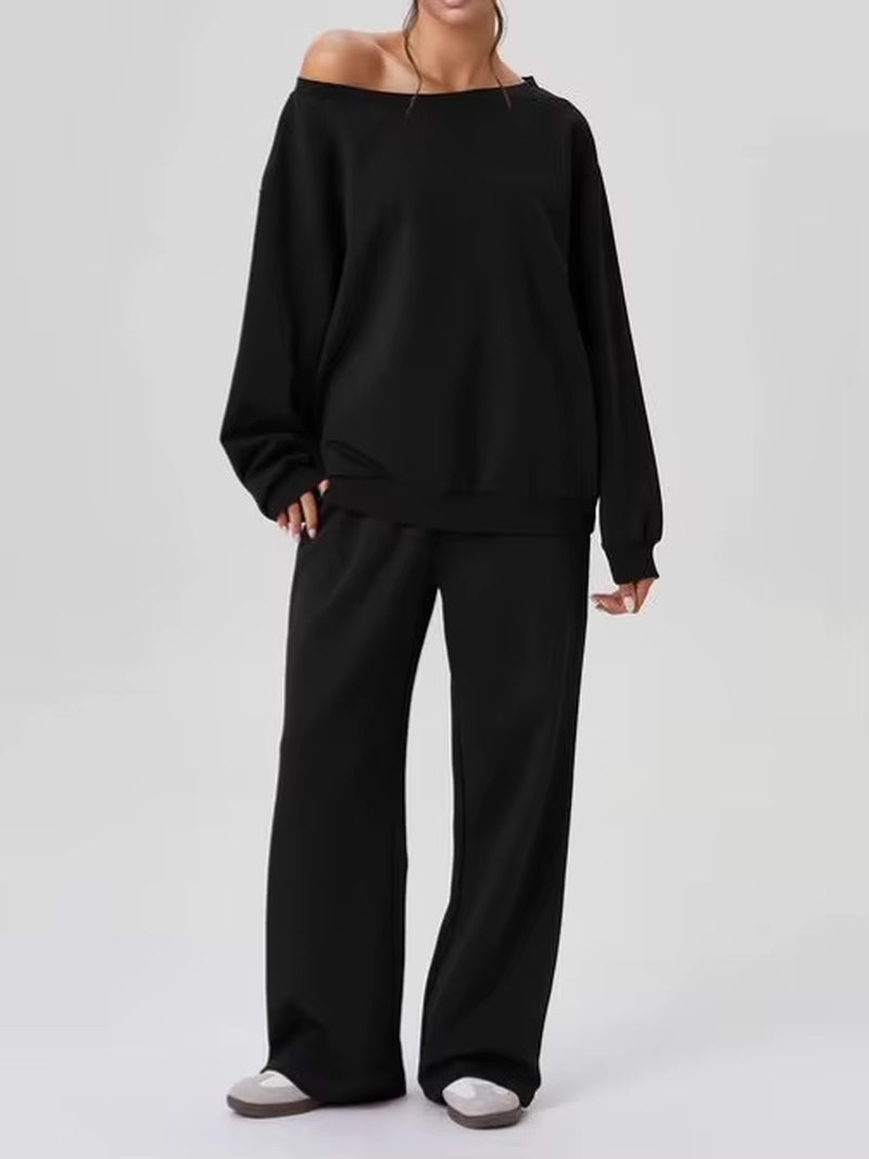 New Fashionable Off-Shoulder Shirt + Wide-Leg Pants Two-Piece Sets Women Spring Casual Loose Top and Trousers Suit for Women