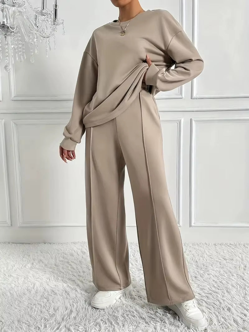 2025 New Women'S Two Piece Set Long Sleeve Top with Wide Leg Pants Casual Fall Winter Outfits Tracksuit