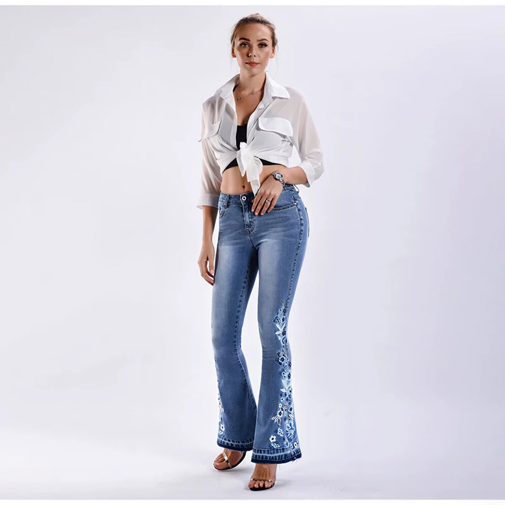 Fashion Floral Embroidery Jeans Women'S Raw Edge Bottom Bleached Casual Flare Pants High Waist Slim Fit Vintage Denim Pants