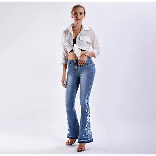 Fashion Floral Embroidery Jeans Women'S Raw Edge Bottom Bleached Casual Flare Pants High Waist Slim Fit Vintage Denim Pants
