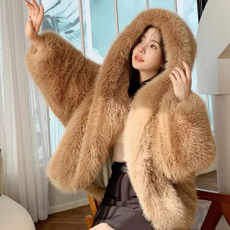 New Environmentally Friendly Fur Imitation Fox Hair Hooded Jacket Women'S Korean Premium Furry Warm Jacket Women