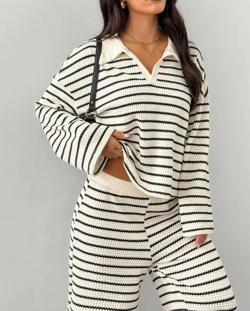 Autumn and Winter Women'S Casual Loungewear Two Pieces Set Striped Pattern with Polo Neck Top and Wide Leg Pants Knit Fabric Set