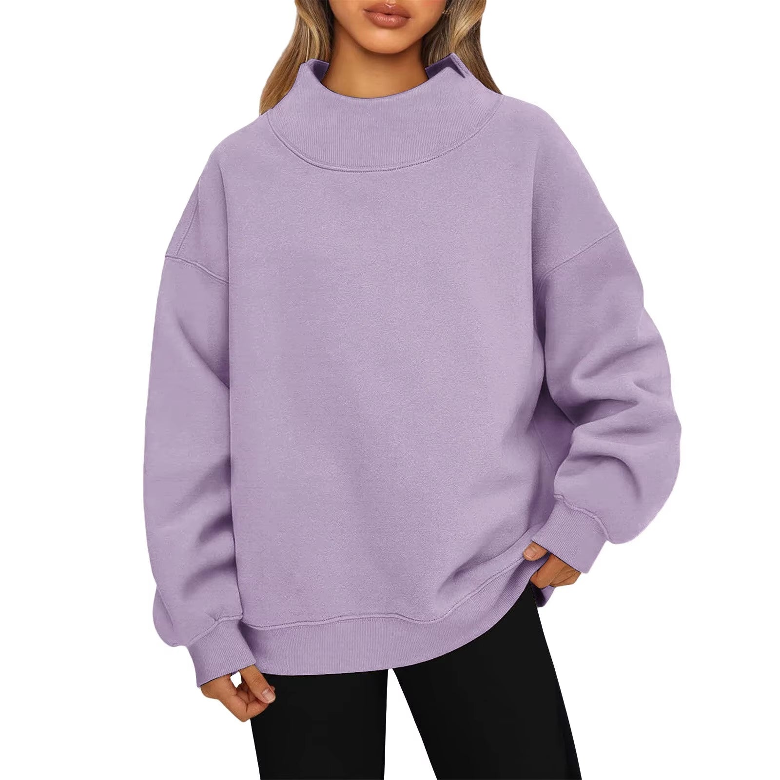 Fashionable Loose High Neck Long Sleeved Solid Color Hoodie for Lady Lazy Style Basic Casual Commuted Pullover Top