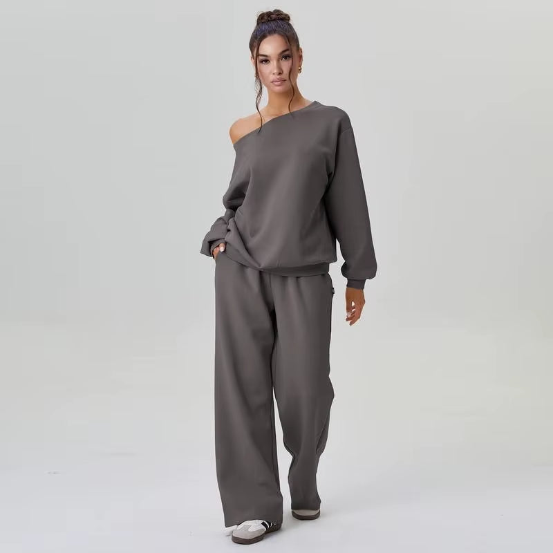 New Fashionable Off-Shoulder Shirt + Wide-Leg Pants Two-Piece Sets Women Spring Casual Loose Top and Trousers Suit for Women