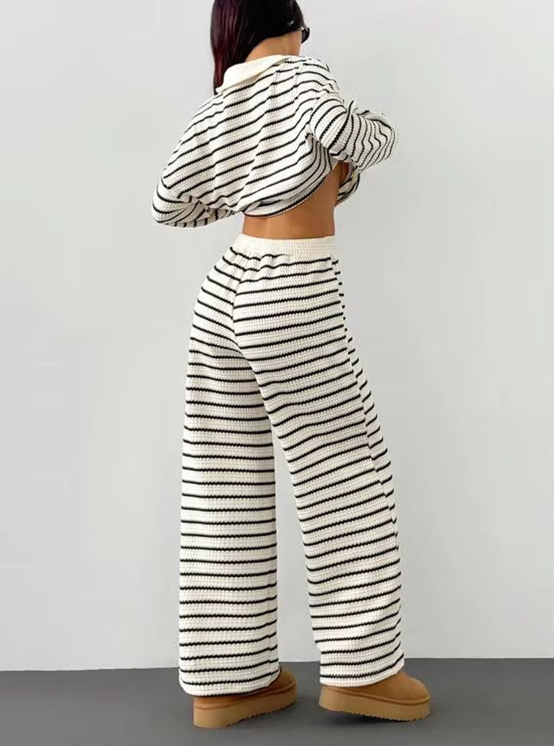 Autumn and Winter Women'S Casual Loungewear Two Pieces Set Striped Pattern with Polo Neck Top and Wide Leg Pants Knit Fabric Set