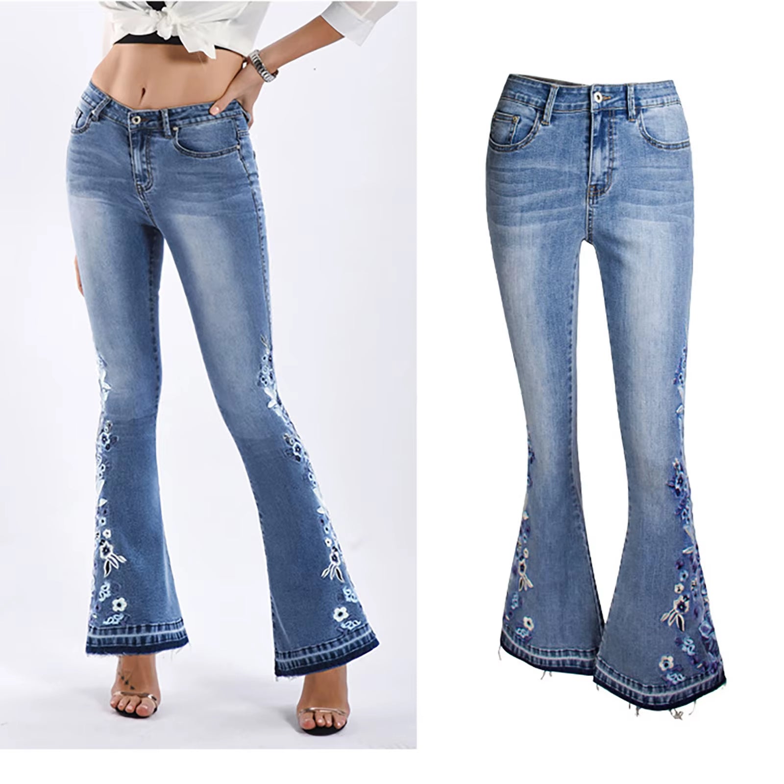 Fashion Floral Embroidery Jeans Women'S Raw Edge Bottom Bleached Casual Flare Pants High Waist Slim Fit Vintage Denim Pants