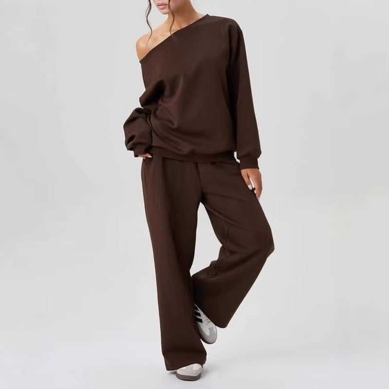 New Fashionable Off-Shoulder Shirt + Wide-Leg Pants Two-Piece Sets Women Spring Casual Loose Top and Trousers Suit for Women