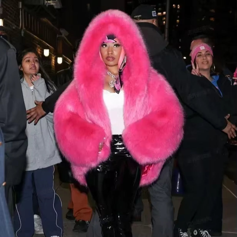 New Environmentally Friendly Fur Imitation Fox Hair Hooded Jacket Women'S Korean Premium Furry Warm Jacket Women