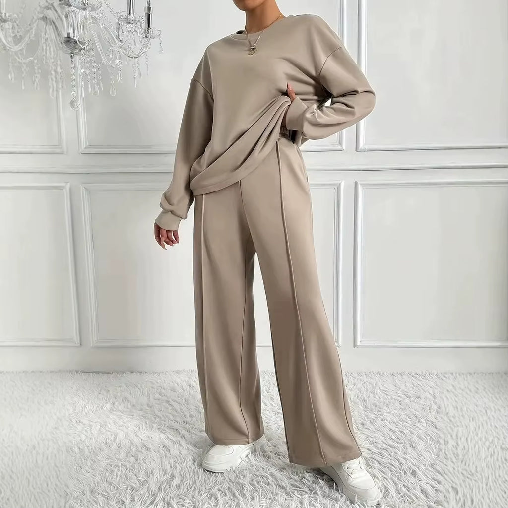 2025 New Women'S Two Piece Set Long Sleeve Top with Wide Leg Pants Casual Fall Winter Outfits Tracksuit