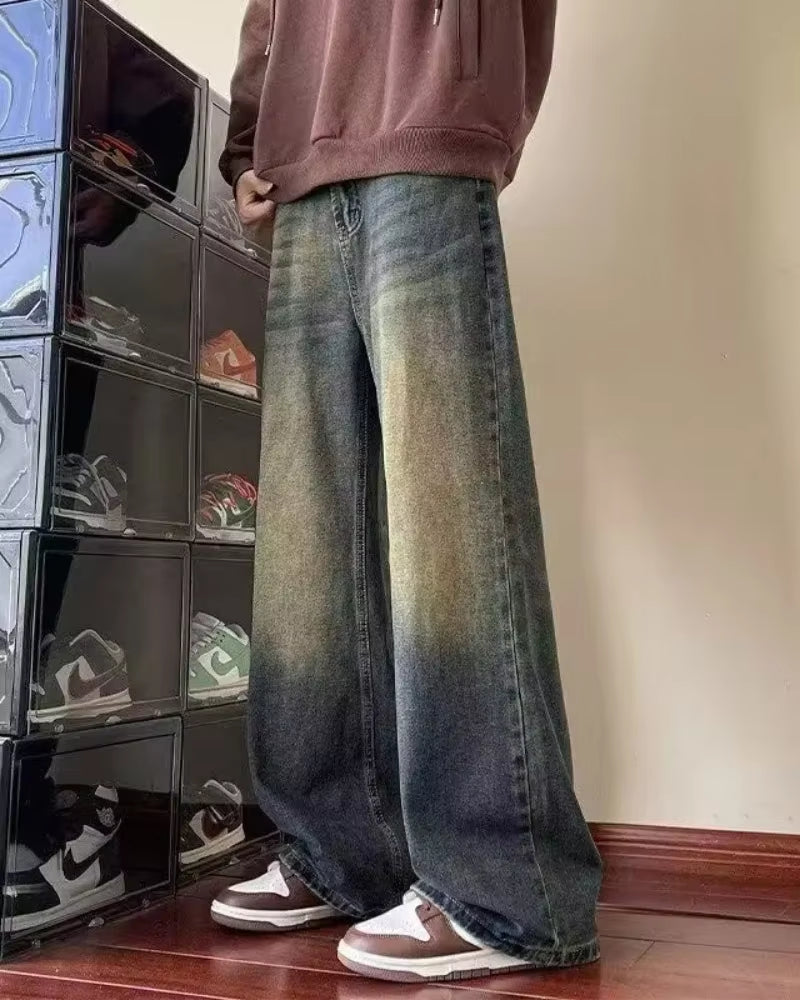 New Bent Knife Jeans for Men American Retro Washed Distressed Wide Leg Pants Four Seasons Loose Straight Leg Feelin Street Jeans