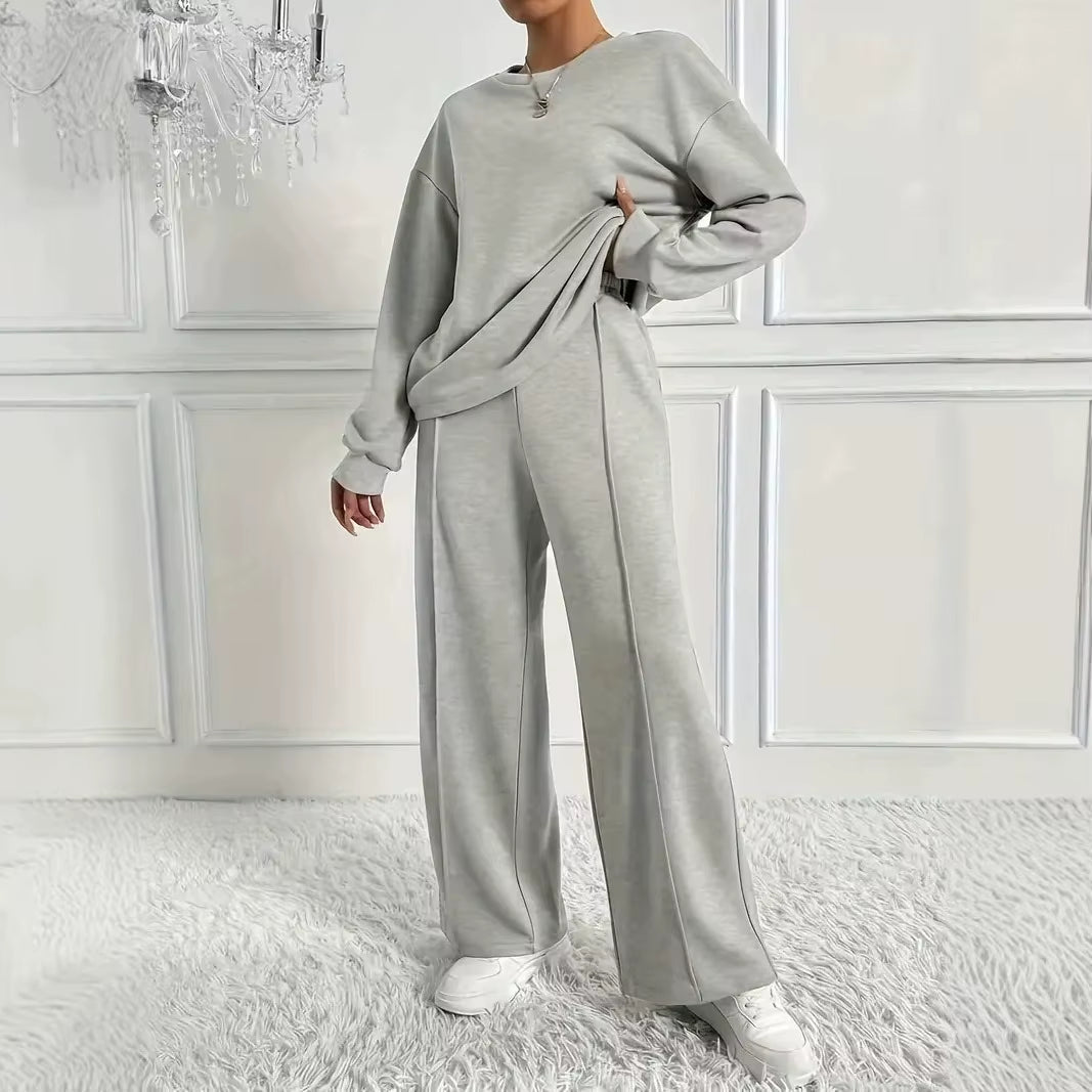 2025 New Women'S Two Piece Set Long Sleeve Top with Wide Leg Pants Casual Fall Winter Outfits Tracksuit