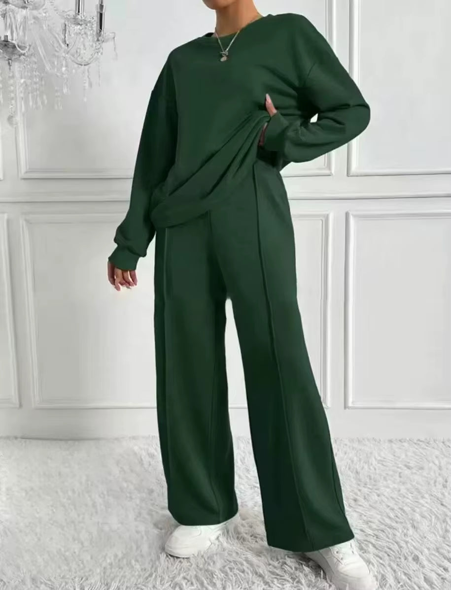 2025 New Women'S Two Piece Set Long Sleeve Top with Wide Leg Pants Casual Fall Winter Outfits Tracksuit