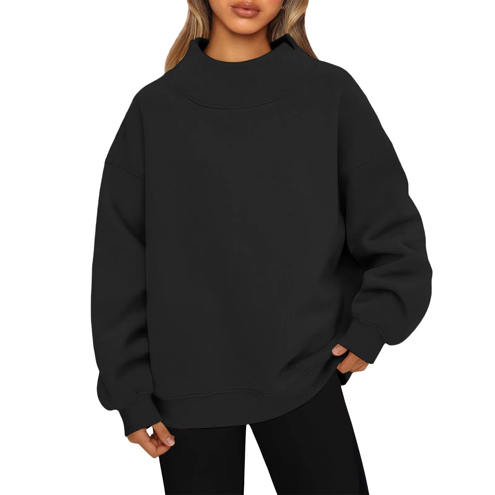 Fashionable Loose High Neck Long Sleeved Solid Color Hoodie for Lady Lazy Style Basic Casual Commuted Pullover Top