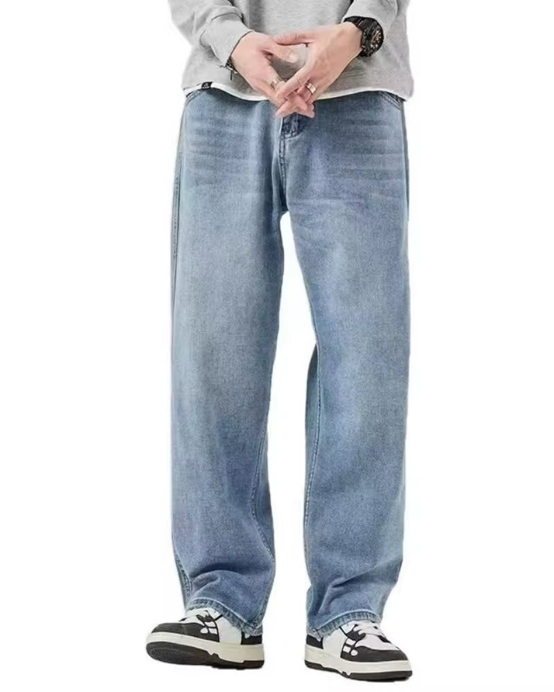 New Bent Knife Jeans for Men American Retro Washed Distressed Wide Leg Pants Four Seasons Loose Straight Leg Feelin Street Jeans