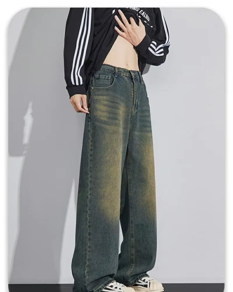 New Bent Knife Jeans for Men American Retro Washed Distressed Wide Leg Pants Four Seasons Loose Straight Leg Feelin Street Jeans