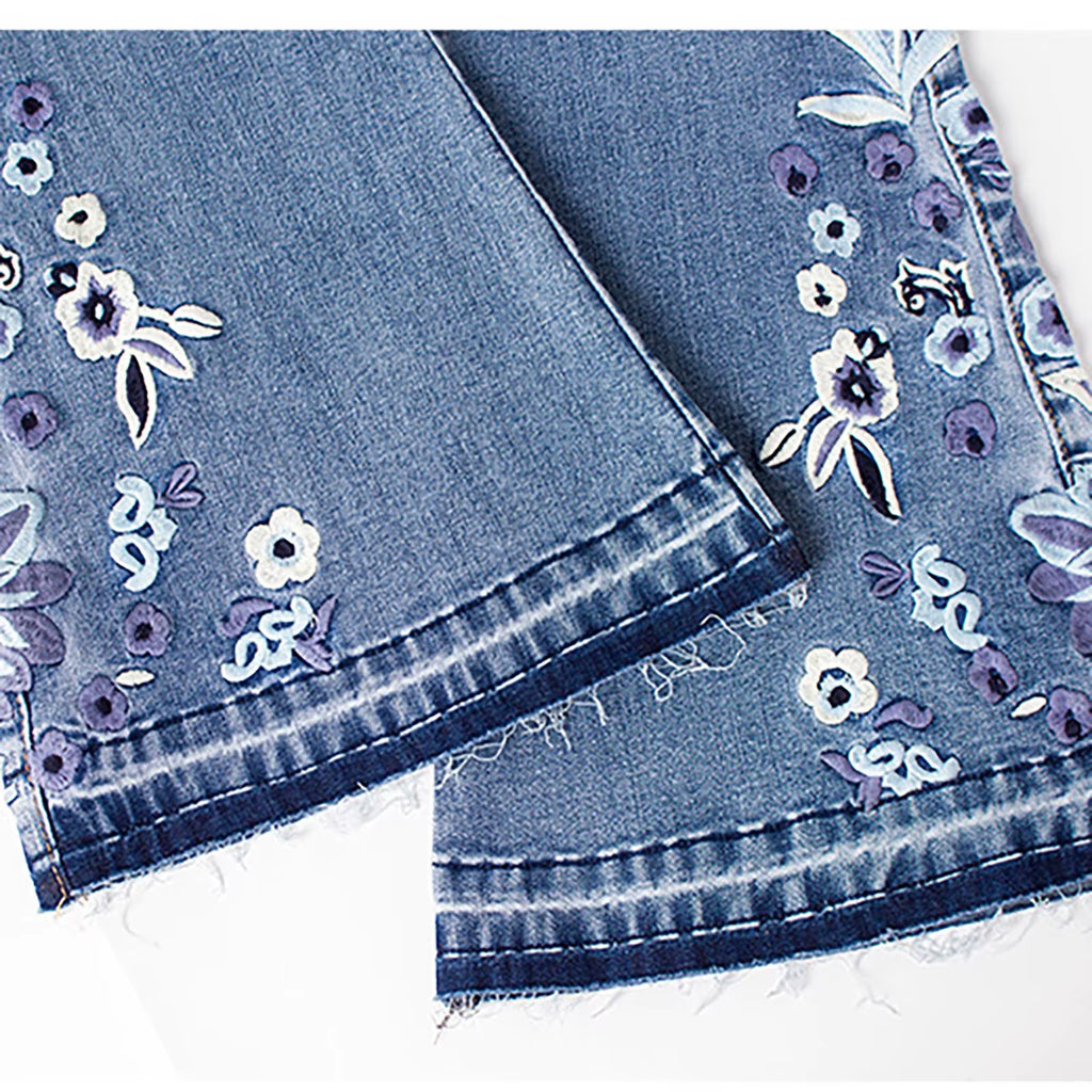 Fashion Floral Embroidery Jeans Women'S Raw Edge Bottom Bleached Casual Flare Pants High Waist Slim Fit Vintage Denim Pants