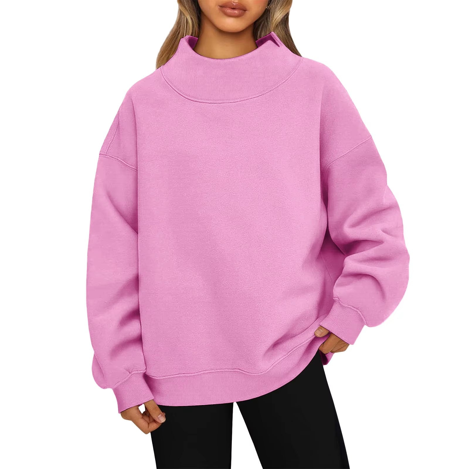 Fashionable Loose High Neck Long Sleeved Solid Color Hoodie for Lady Lazy Style Basic Casual Commuted Pullover Top
