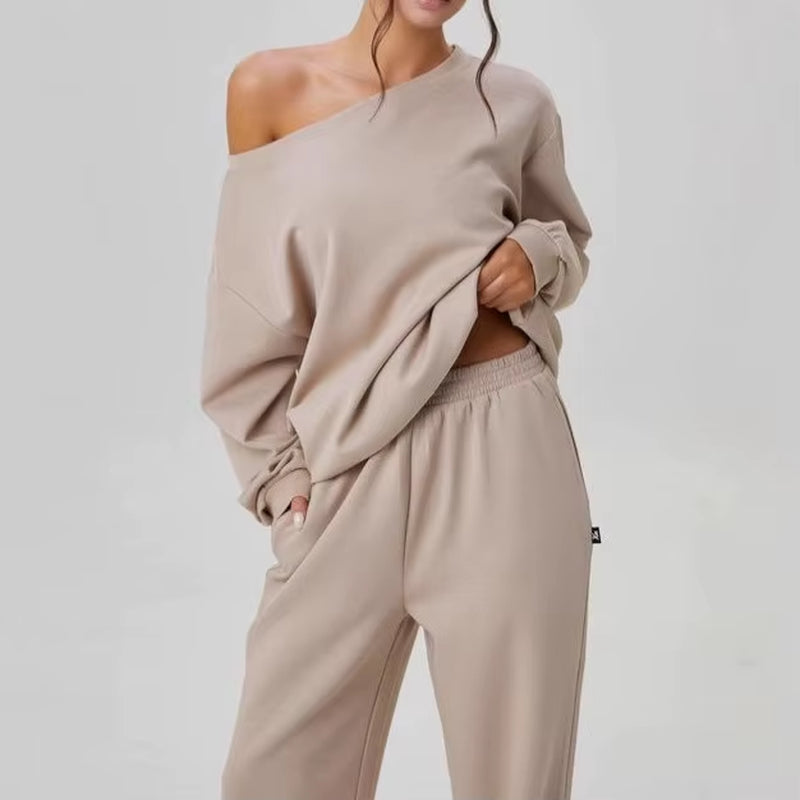 New Fashionable Off-Shoulder Shirt + Wide-Leg Pants Two-Piece Sets Women Spring Casual Loose Top and Trousers Suit for Women