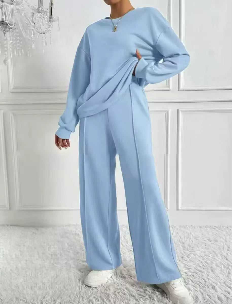 2025 New Women'S Two Piece Set Long Sleeve Top with Wide Leg Pants Casual Fall Winter Outfits Tracksuit