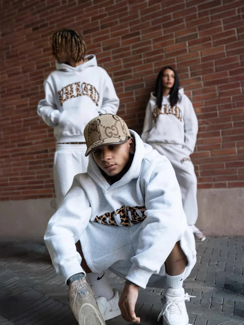 New Fashionable Leopard Print Letter Embroidery Street Casual Pants Men'S and Women'S Versatile Hooded Sweatshirt Pants Set Y2K