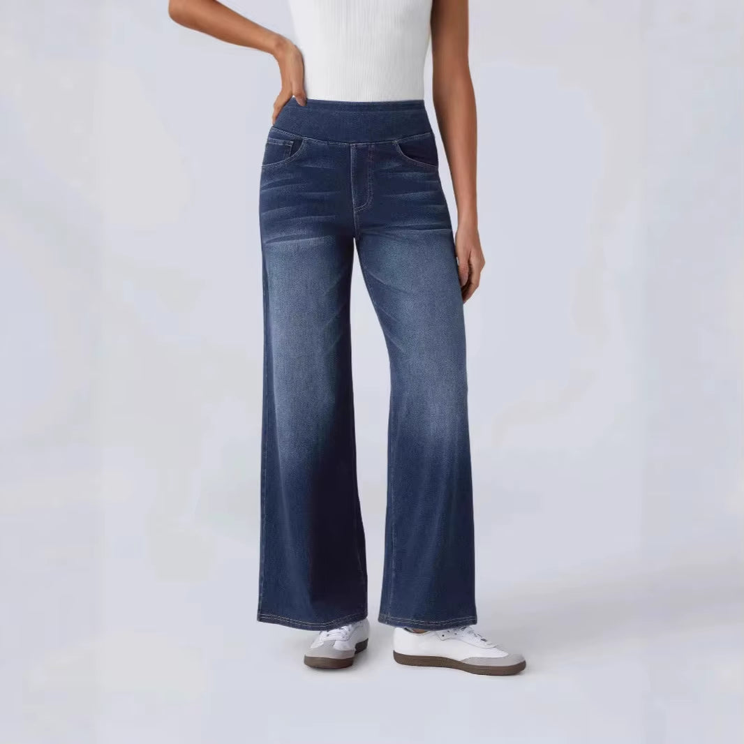 New High Waist Slimming Multi Pocket Straight Wide Leg Jeans Women Dark Blue Sky Blue Light Gray Azure Blue Fashion Trendy Style