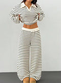 Autumn and Winter Women'S Casual Loungewear Two Pieces Set Striped Pattern with Polo Neck Top and Wide Leg Pants Knit Fabric Set