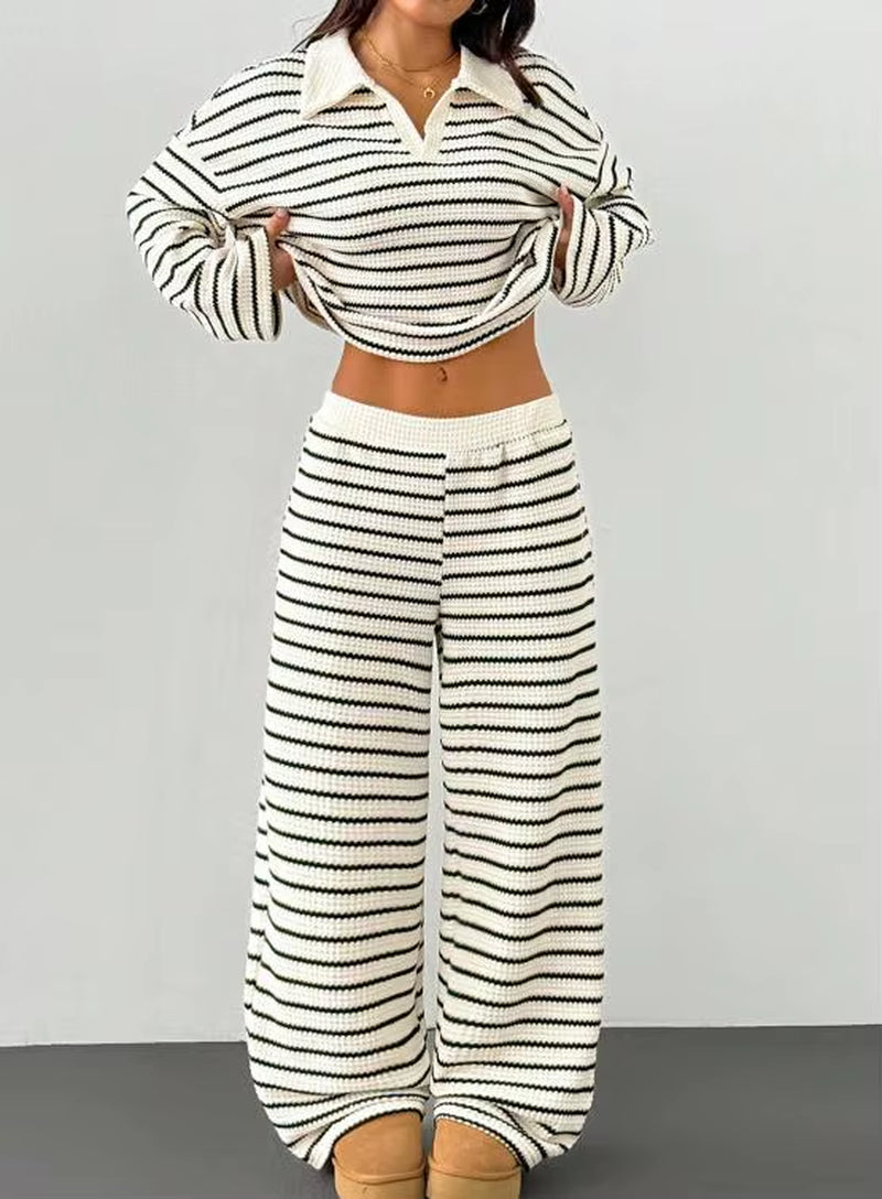 Autumn and Winter Women'S Casual Loungewear Two Pieces Set Striped Pattern with Polo Neck Top and Wide Leg Pants Knit Fabric Set