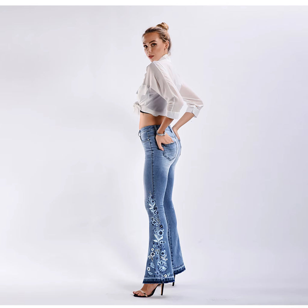 Fashion Floral Embroidery Jeans Women'S Raw Edge Bottom Bleached Casual Flare Pants High Waist Slim Fit Vintage Denim Pants