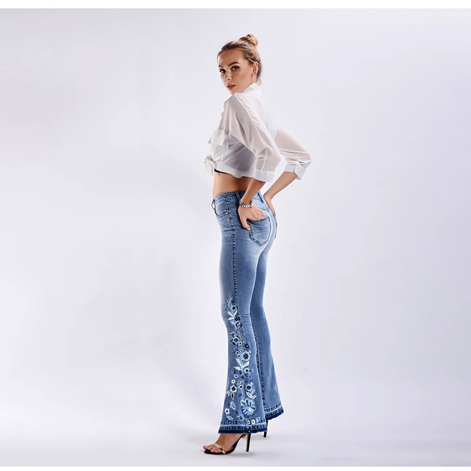 Fashion Floral Embroidery Jeans Women'S Raw Edge Bottom Bleached Casual Flare Pants High Waist Slim Fit Vintage Denim Pants