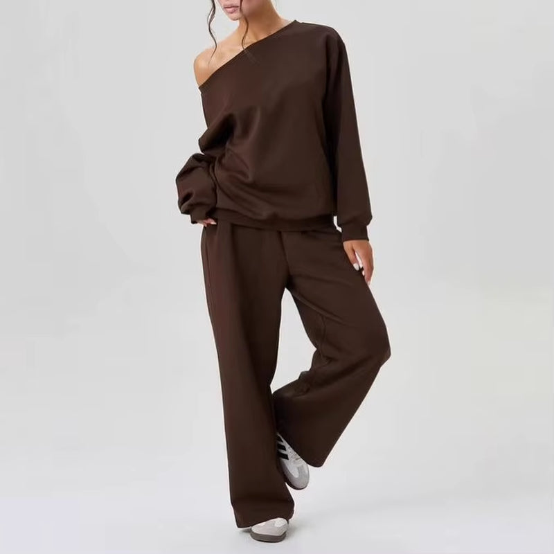 New Fashionable Off-Shoulder Shirt + Wide-Leg Pants Two-Piece Sets Women Spring Casual Loose Top and Trousers Suit for Women