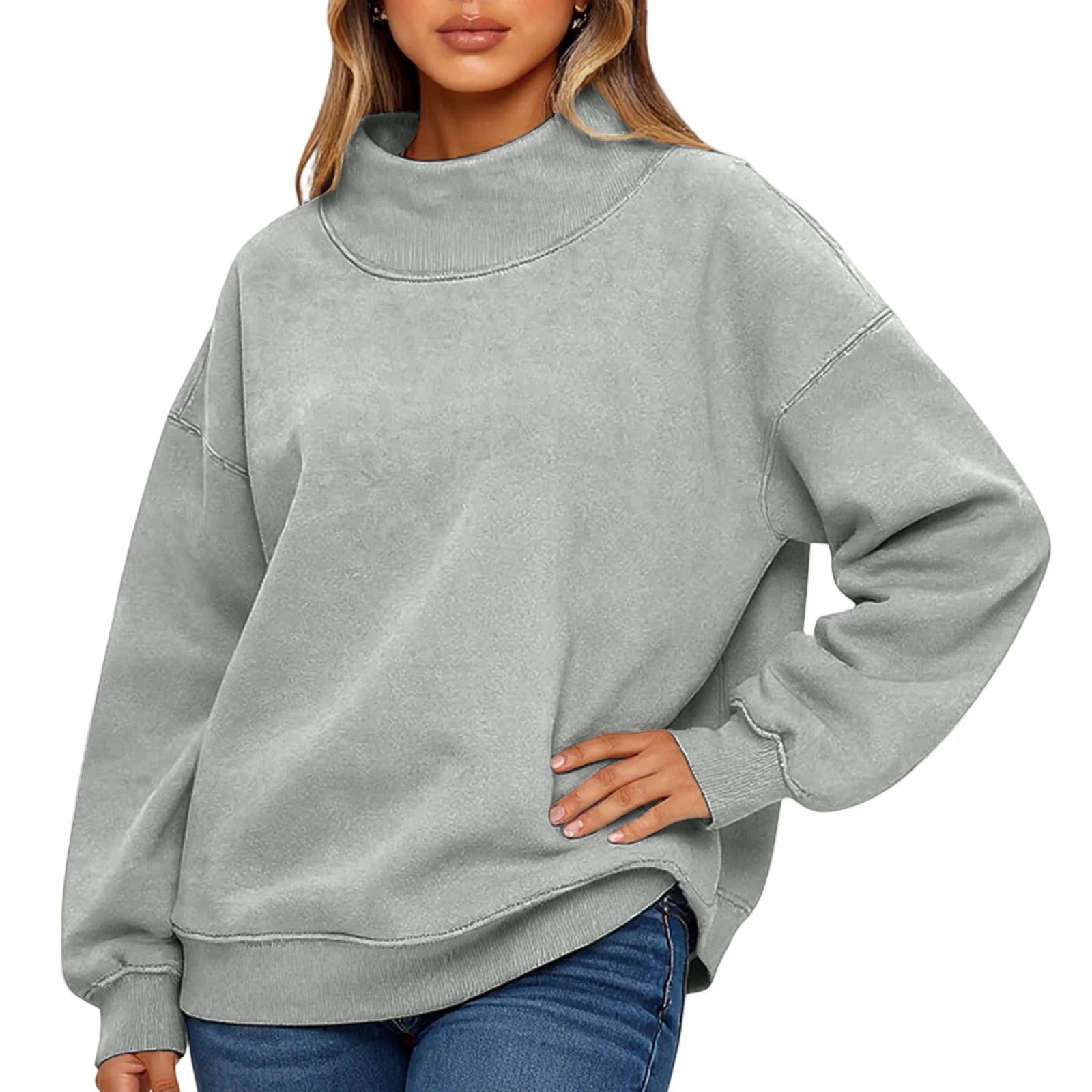Fashionable Loose High Neck Long Sleeved Solid Color Hoodie for Lady Lazy Style Basic Casual Commuted Pullover Top