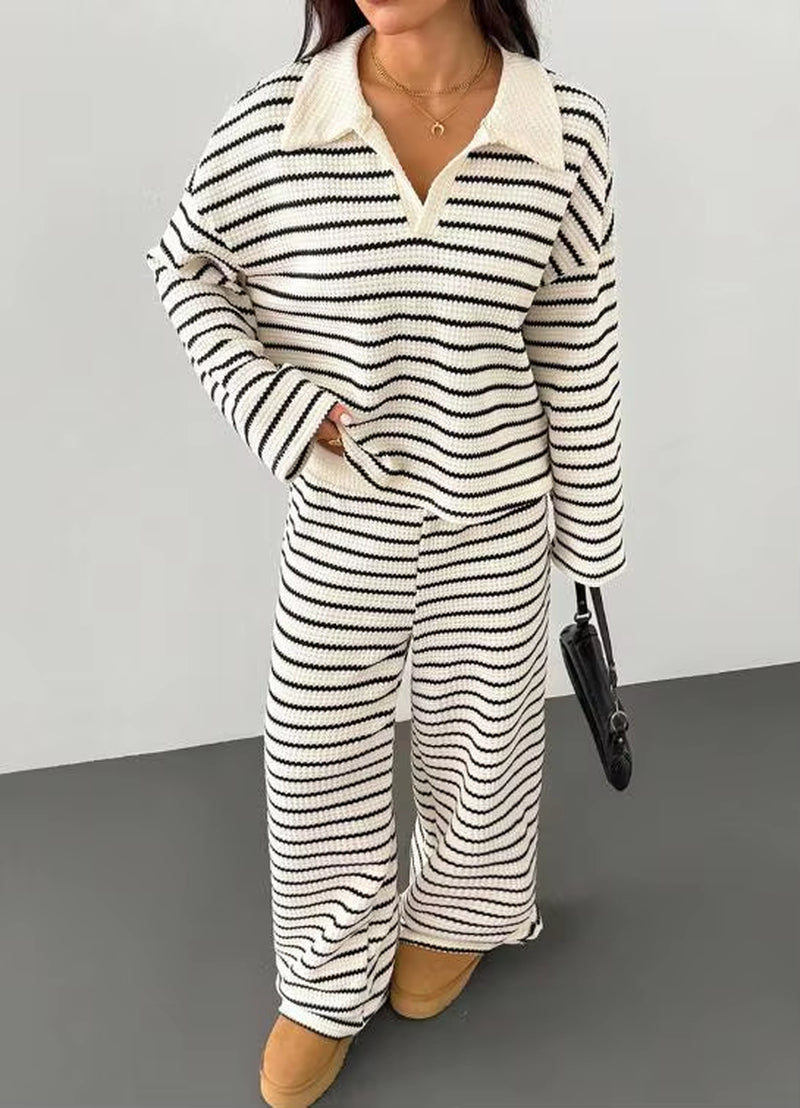 Autumn and Winter Women'S Casual Loungewear Two Pieces Set Striped Pattern with Polo Neck Top and Wide Leg Pants Knit Fabric Set