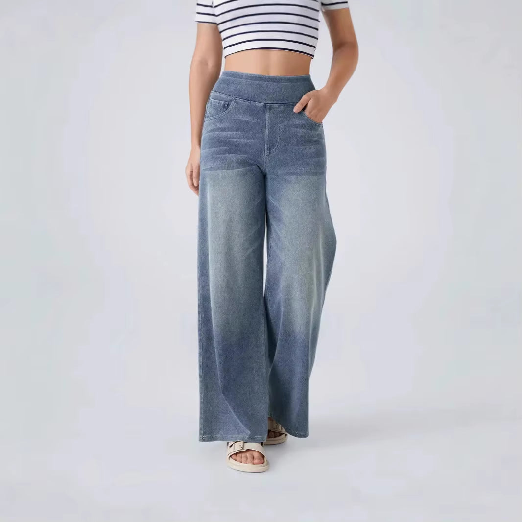 New High Waist Slimming Multi Pocket Straight Wide Leg Jeans Women Dark Blue Sky Blue Light Gray Azure Blue Fashion Trendy Style