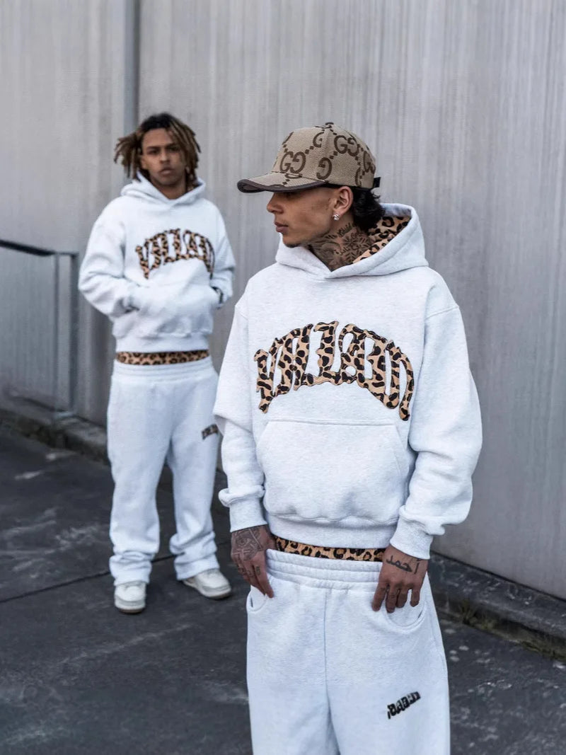 New Fashionable Leopard Print Letter Embroidery Street Casual Pants Men'S and Women'S Versatile Hooded Sweatshirt Pants Set Y2K