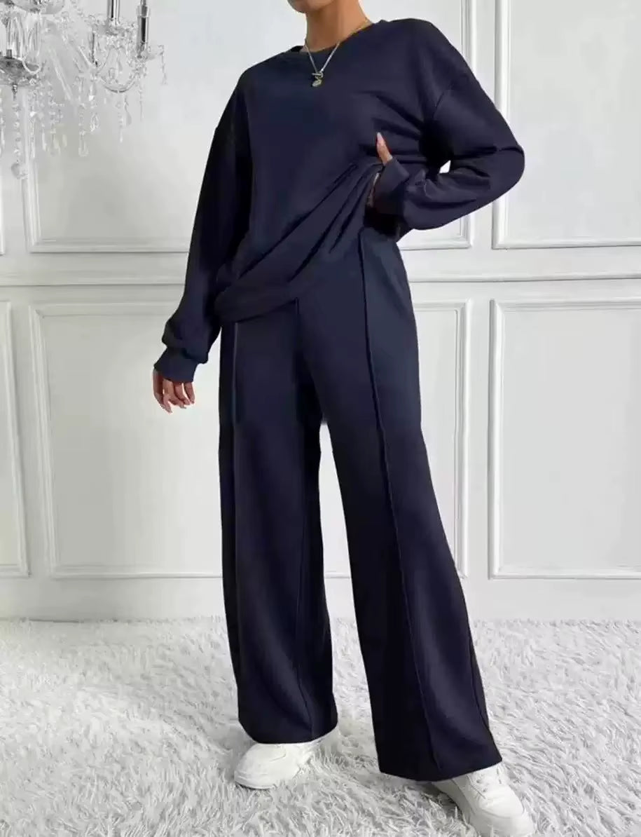2025 New Women'S Two Piece Set Long Sleeve Top with Wide Leg Pants Casual Fall Winter Outfits Tracksuit