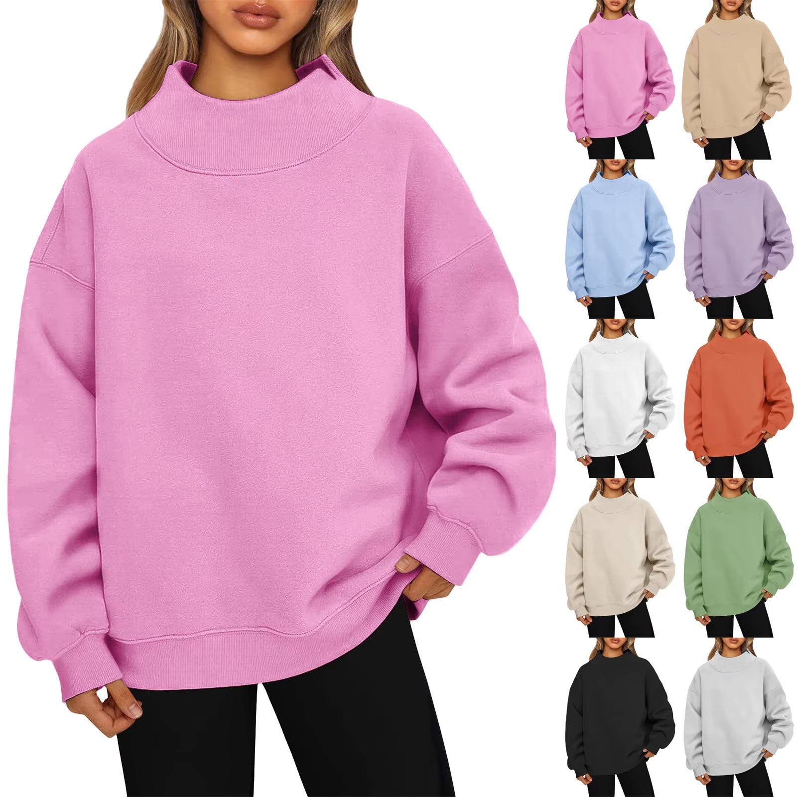 Fashionable Loose High Neck Long Sleeved Solid Color Hoodie for Lady Lazy Style Basic Casual Commuted Pullover Top