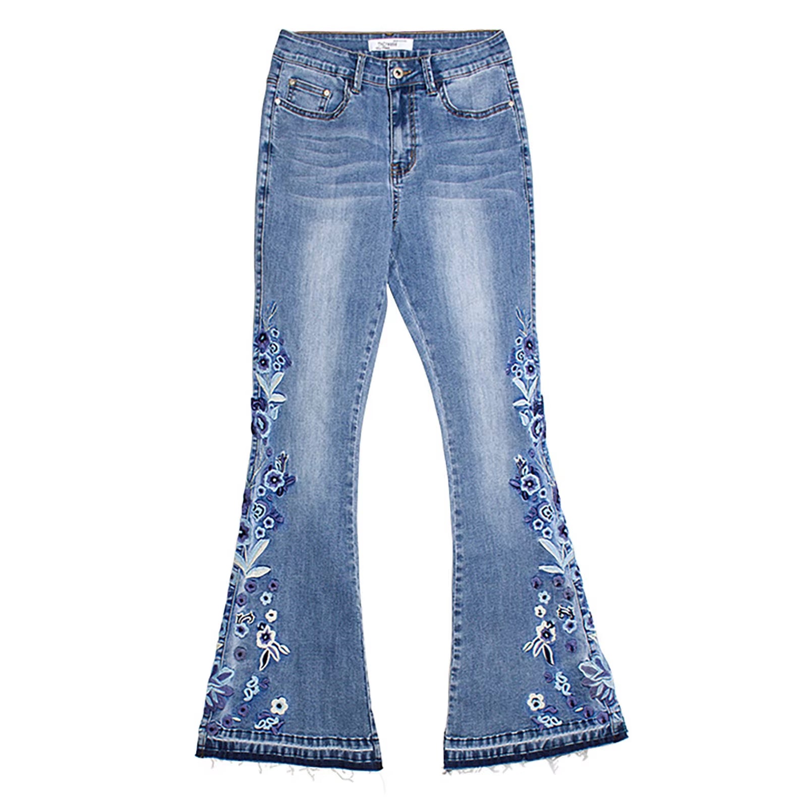 Fashion Floral Embroidery Jeans Women'S Raw Edge Bottom Bleached Casual Flare Pants High Waist Slim Fit Vintage Denim Pants