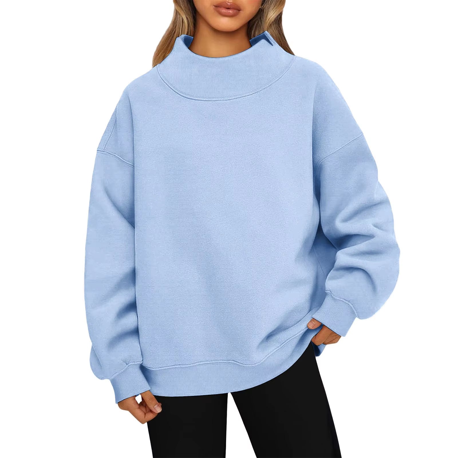 Fashionable Loose High Neck Long Sleeved Solid Color Hoodie for Lady Lazy Style Basic Casual Commuted Pullover Top