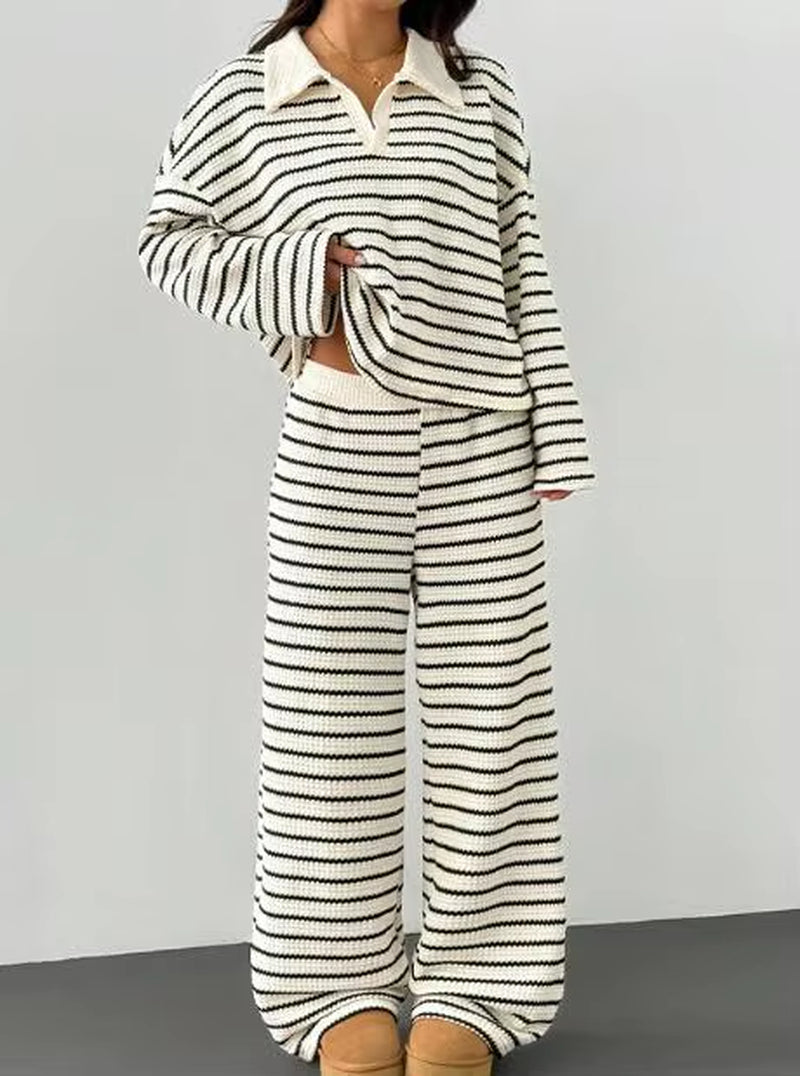 Autumn and Winter Women'S Casual Loungewear Two Pieces Set Striped Pattern with Polo Neck Top and Wide Leg Pants Knit Fabric Set