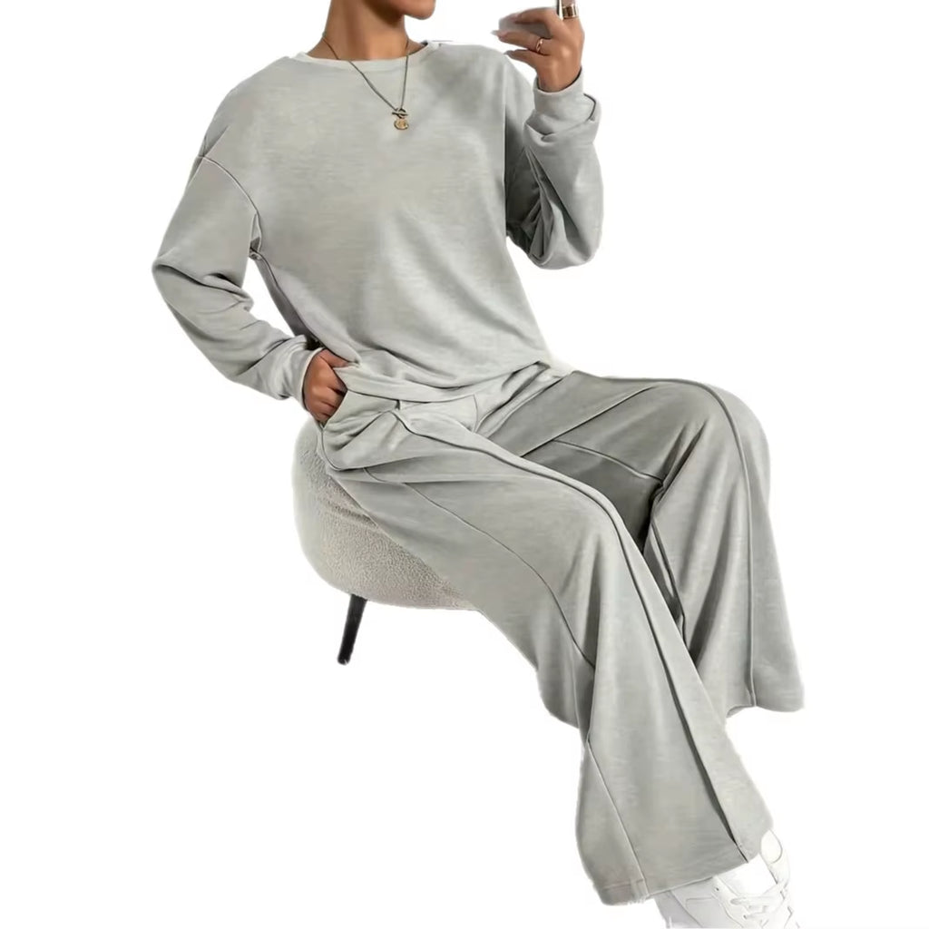 2025 New Women'S Two Piece Set Long Sleeve Top with Wide Leg Pants Casual Fall Winter Outfits Tracksuit