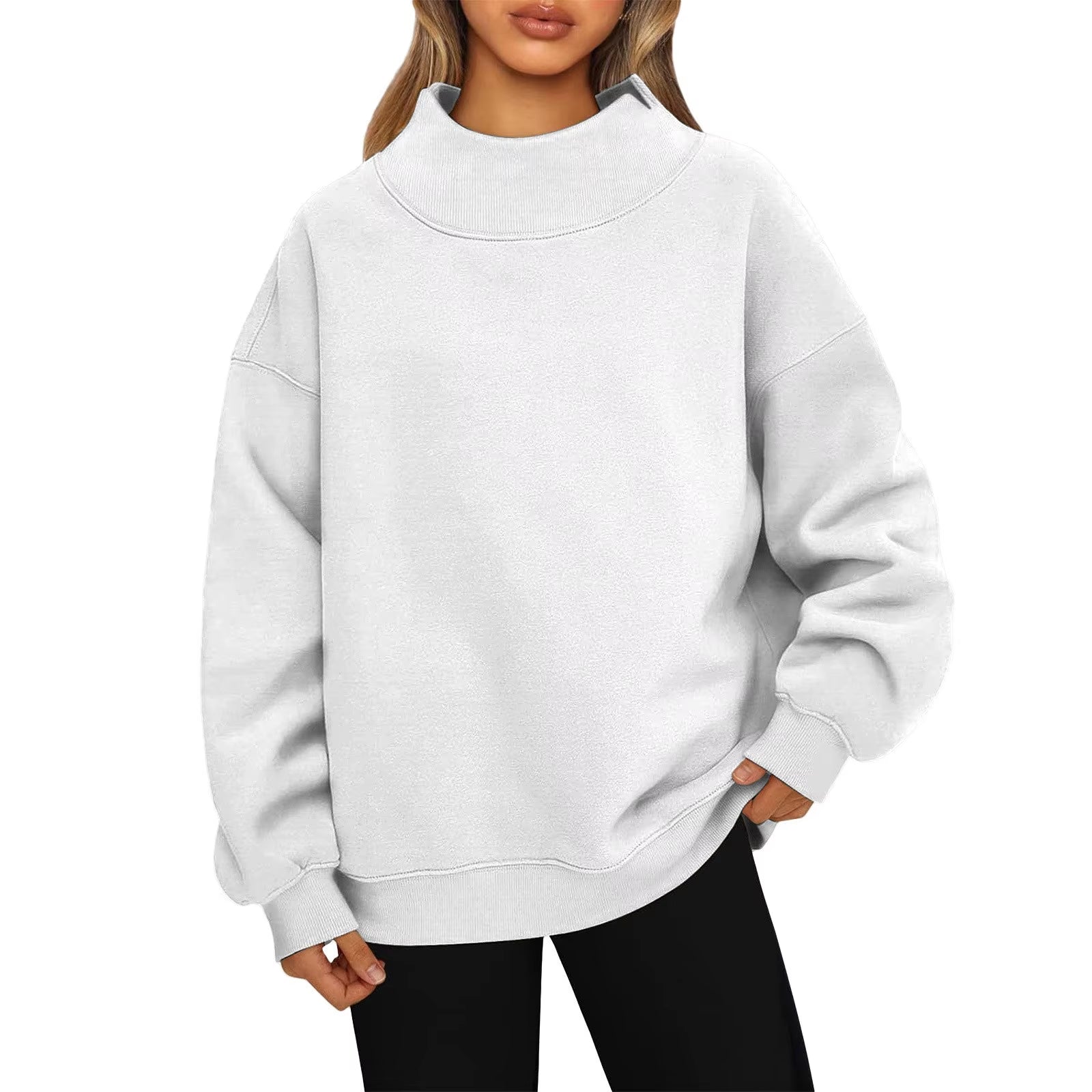 Fashionable Loose High Neck Long Sleeved Solid Color Hoodie for Lady Lazy Style Basic Casual Commuted Pullover Top