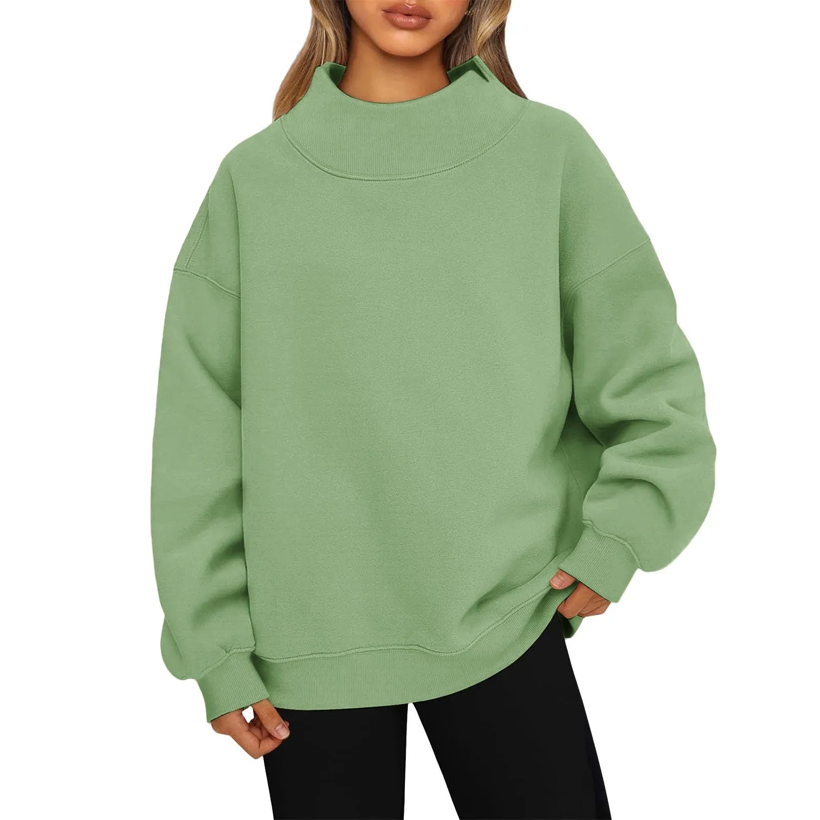 Fashionable Loose High Neck Long Sleeved Solid Color Hoodie for Lady Lazy Style Basic Casual Commuted Pullover Top